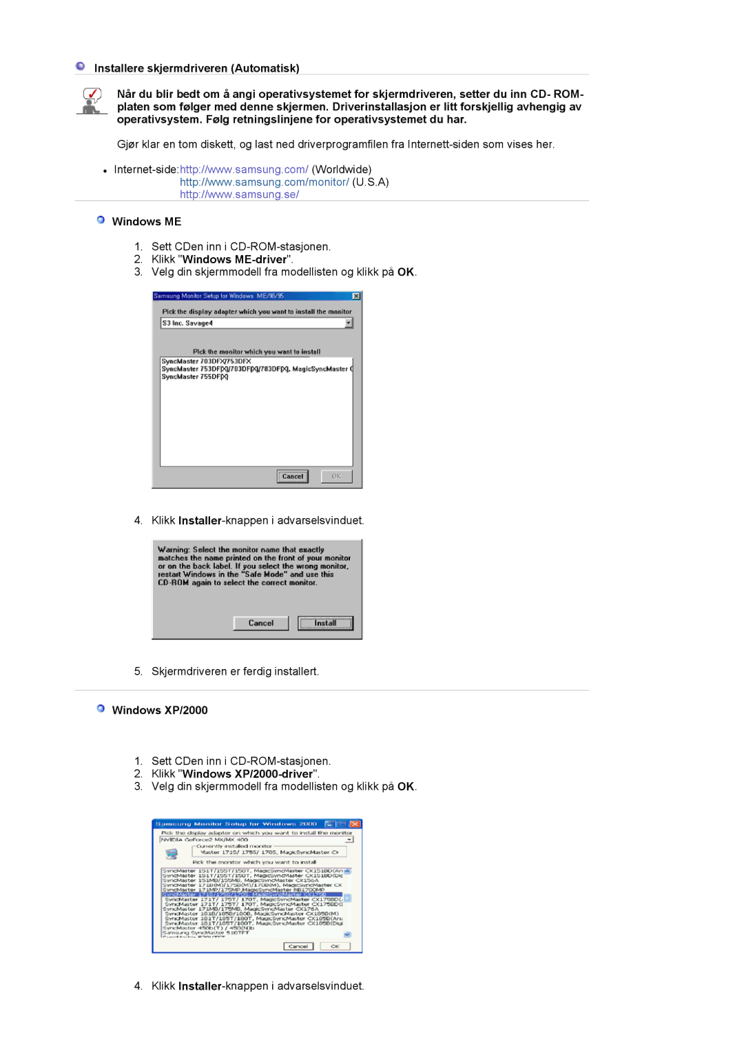 Samsung LS19VDPXHQ/EDC, LS19VDPXBQ/EDC manual Klikk Windows ME-driver, Klikk Windows XP/2000-driver 