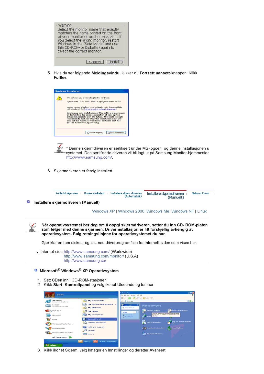 Samsung LS19VDPXBQ/EDC, LS19VDPXHQ/EDC manual Installere skjermdriveren Manuelt, Microsoft Windows XP Operativsystem 