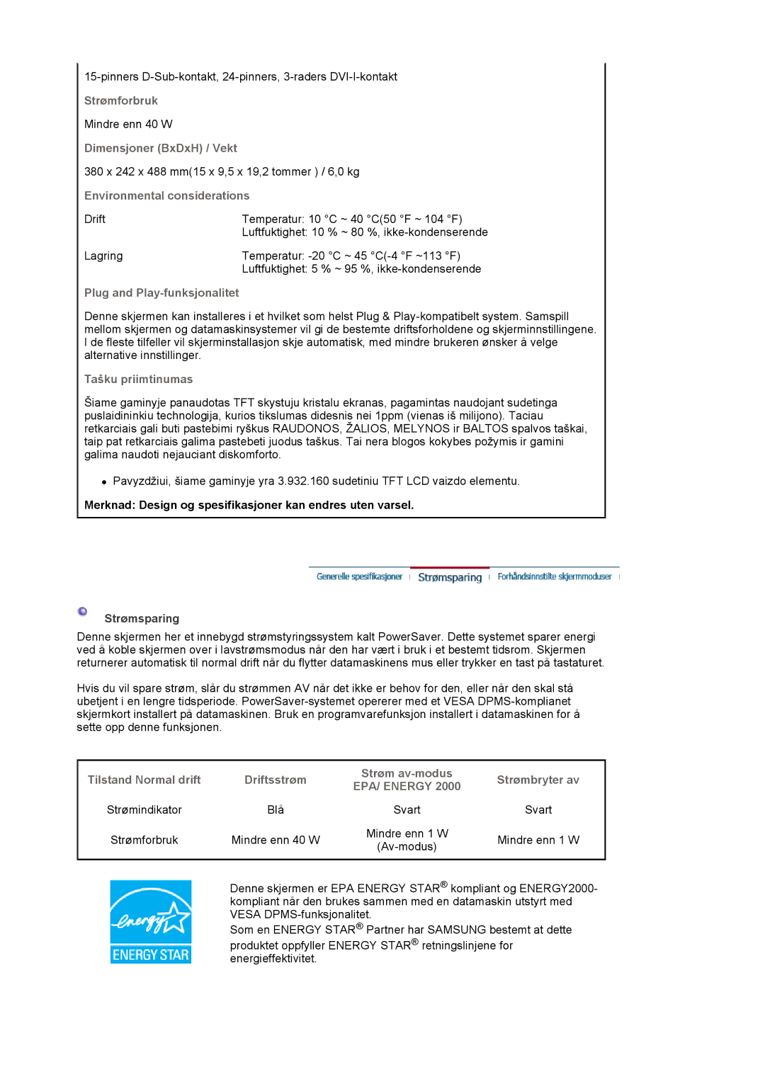 Samsung LS19VDPXHQ/EDC manual Environmental considerations, Merknad Design og spesifikasjoner kan endres uten varsel 