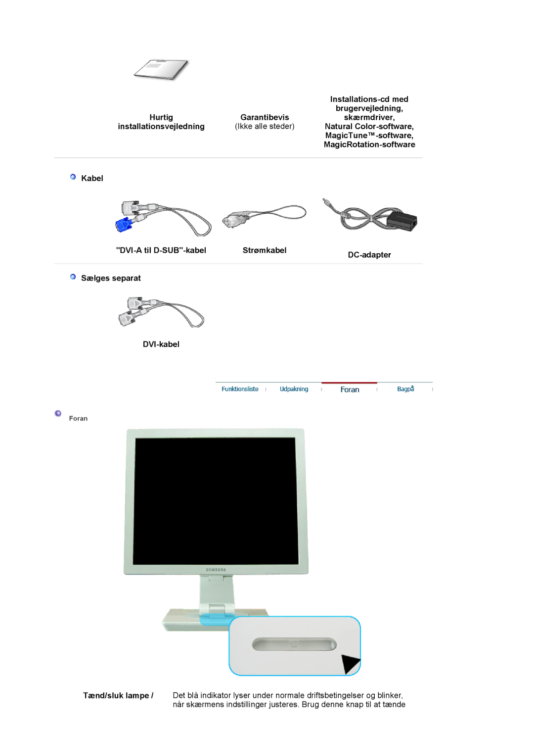 Samsung LS19VDPXHQ/EDC manual Installations-cd med, Hurtig Garantibevis, Installationsvejledning, Natural Color-software 