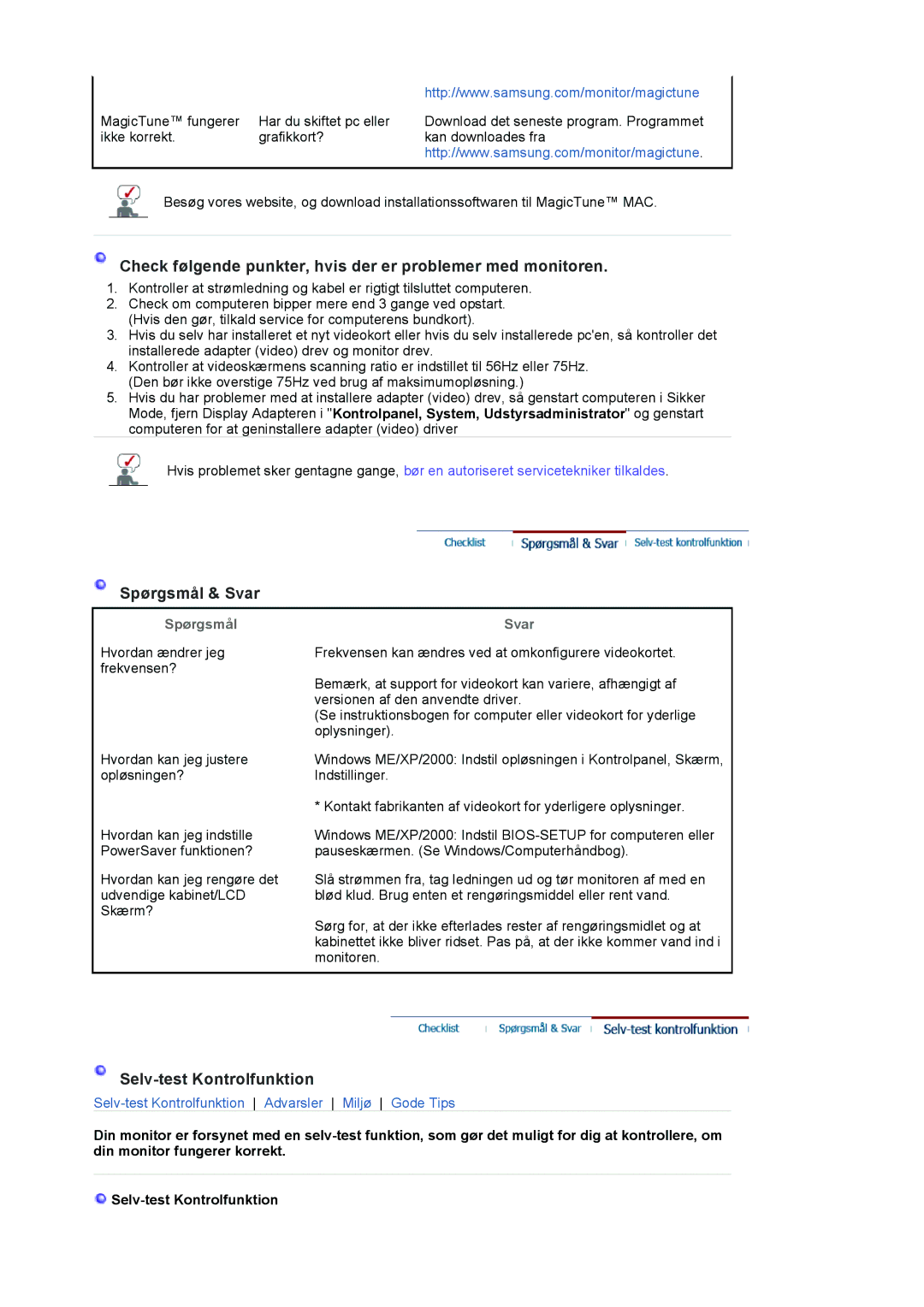 Samsung LS19VDPXHQ/EDC, LS19VDPXBQ/EDC manual Check følgende punkter, hvis der er problemer med monitoren 