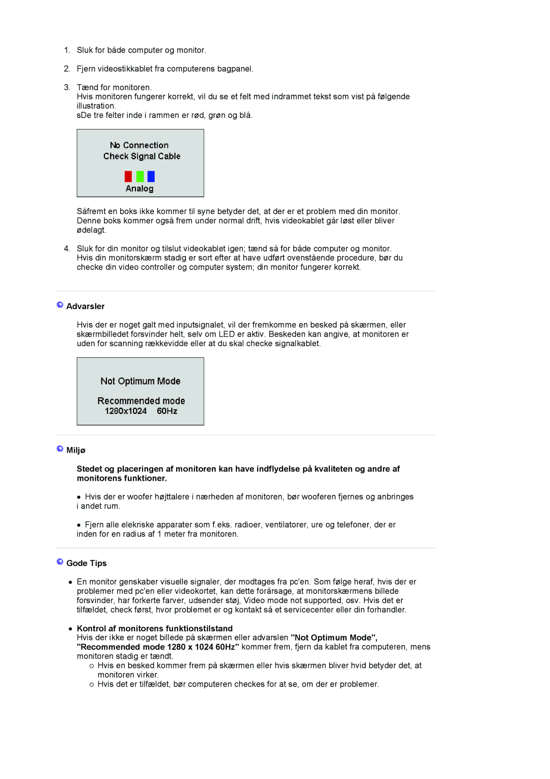 Samsung LS19VDPXBQ/EDC, LS19VDPXHQ/EDC manual Advarsler, Gode Tips, Kontrol af monitorens funktionstilstand 