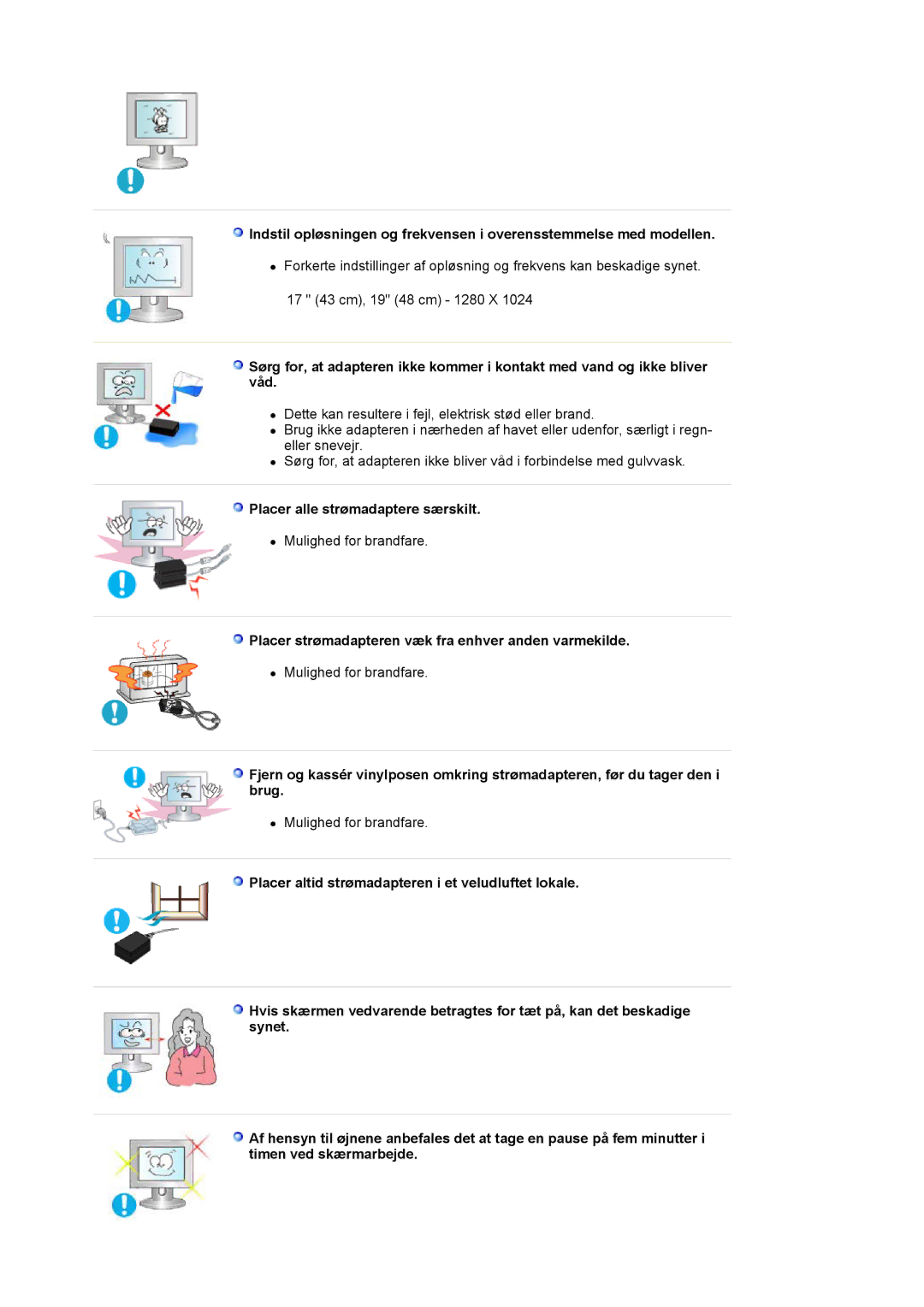 Samsung LS19VDPXBQ/EDC manual Placer alle strømadaptere særskilt, Placer strømadapteren væk fra enhver anden varmekilde 