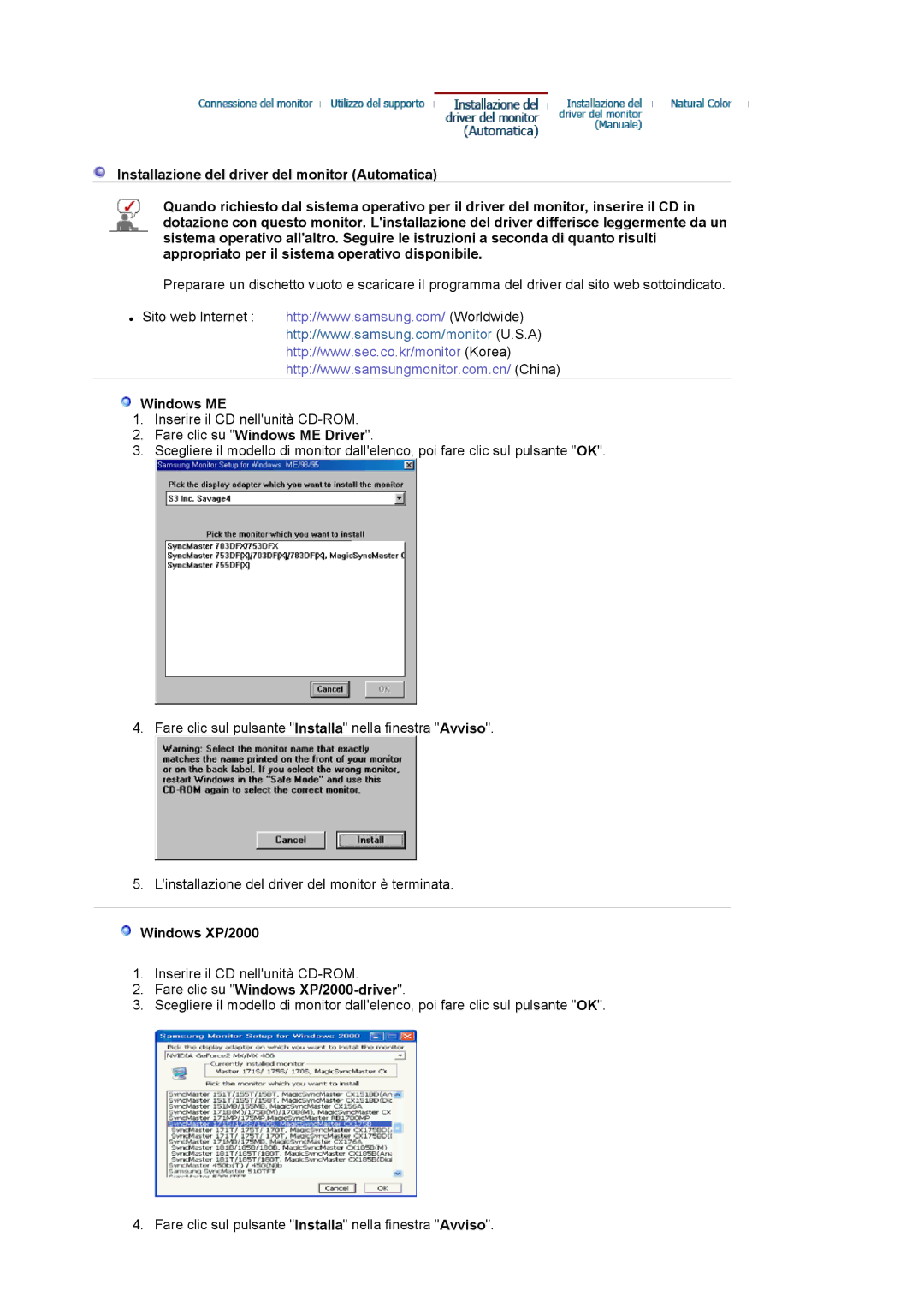 Samsung LS17VDPXHQ/XSE, LS19VDPXHQ/EDC manual Fare clic su Windows ME Driver, Fare clic su Windows XP/2000-driver 