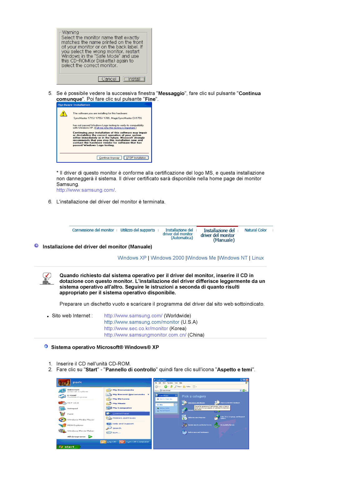 Samsung LS19VDPXHQ/EDC manual Installazione del driver del monitor Manuale, Sistema operativo Microsoft Windows XP 