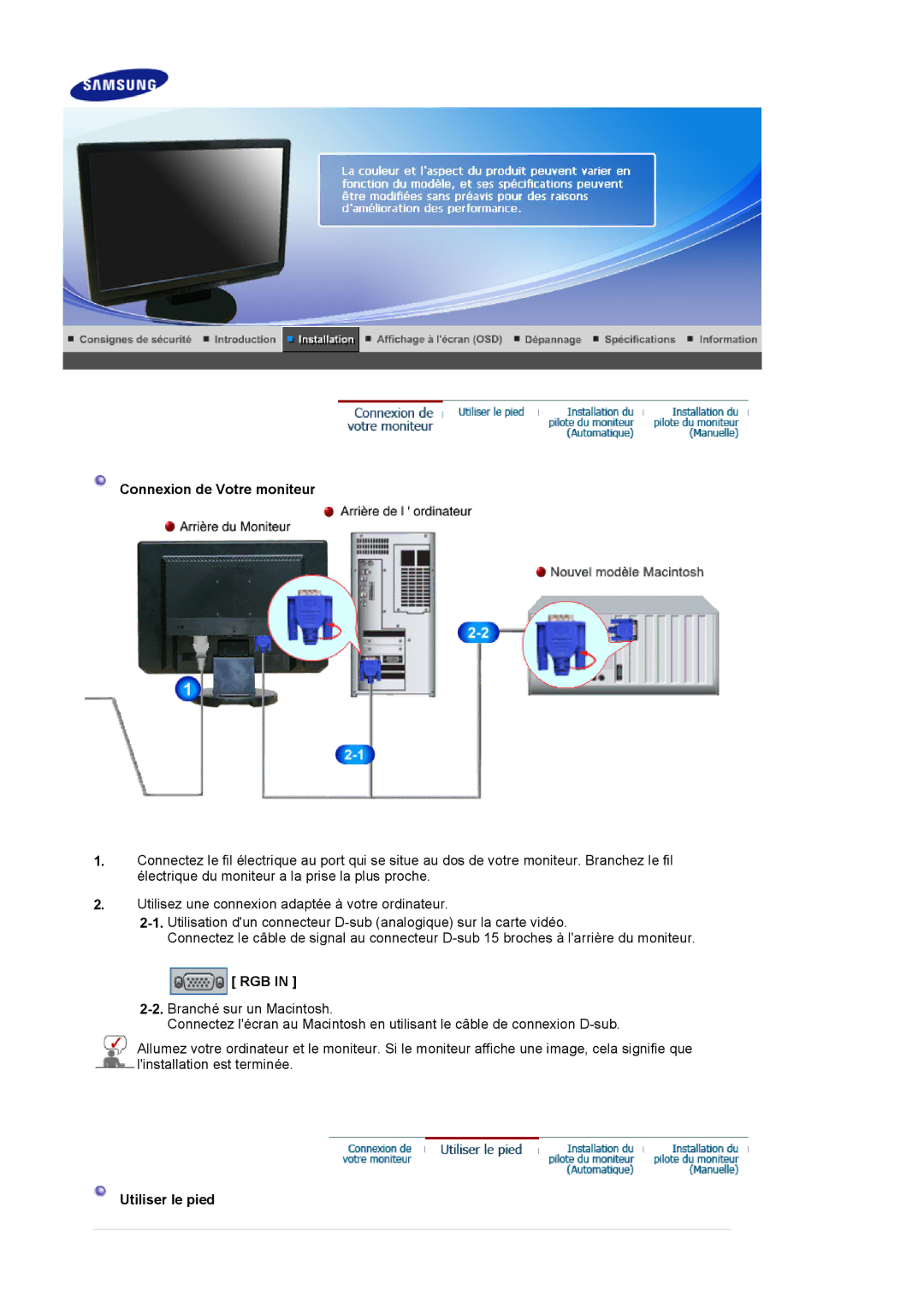 Samsung LS19WJNKS/EDC manual Connexion de Votre moniteur, Rgb, Utiliser le pied 