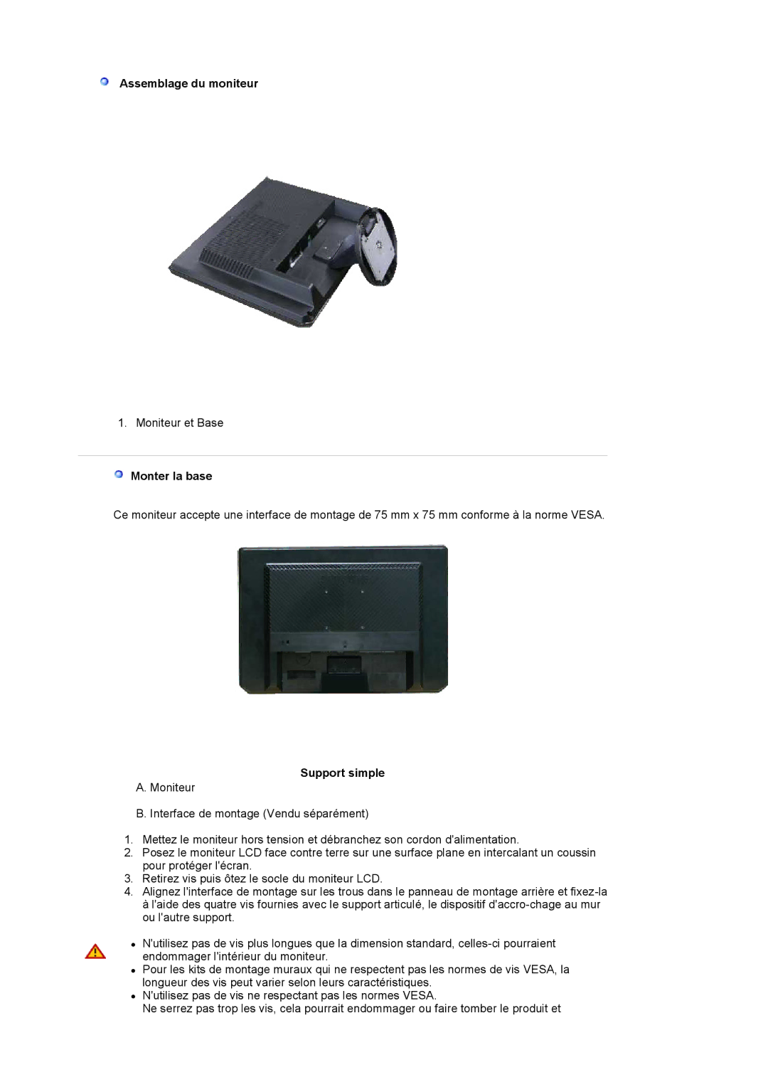 Samsung LS19WJNKS/EDC manual Assemblage du moniteur, Monter la base, Support simple 