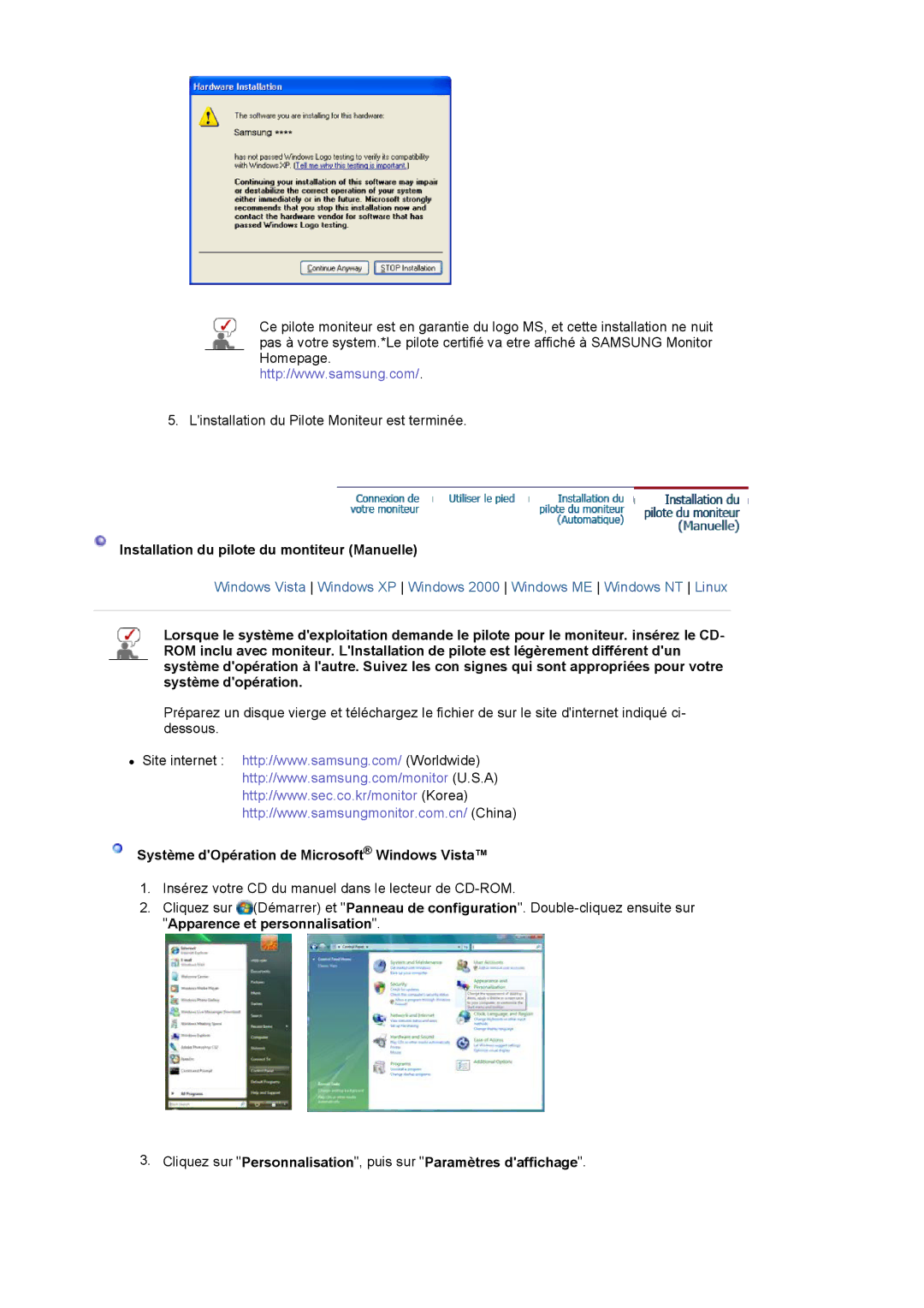 Samsung LS19WJNKS/EDC manual Installation du pilote du montiteur Manuelle, Système dOpération de Microsoft Windows Vista 