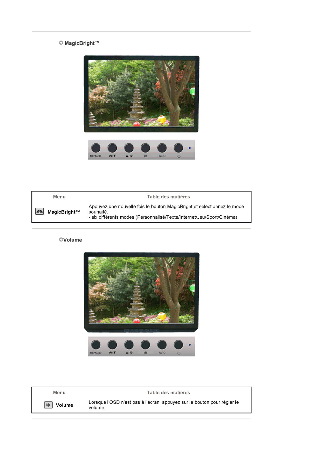 Samsung LS19WJNKS/EDC manual Menu Table des matières, MagicBright, Volume volume 