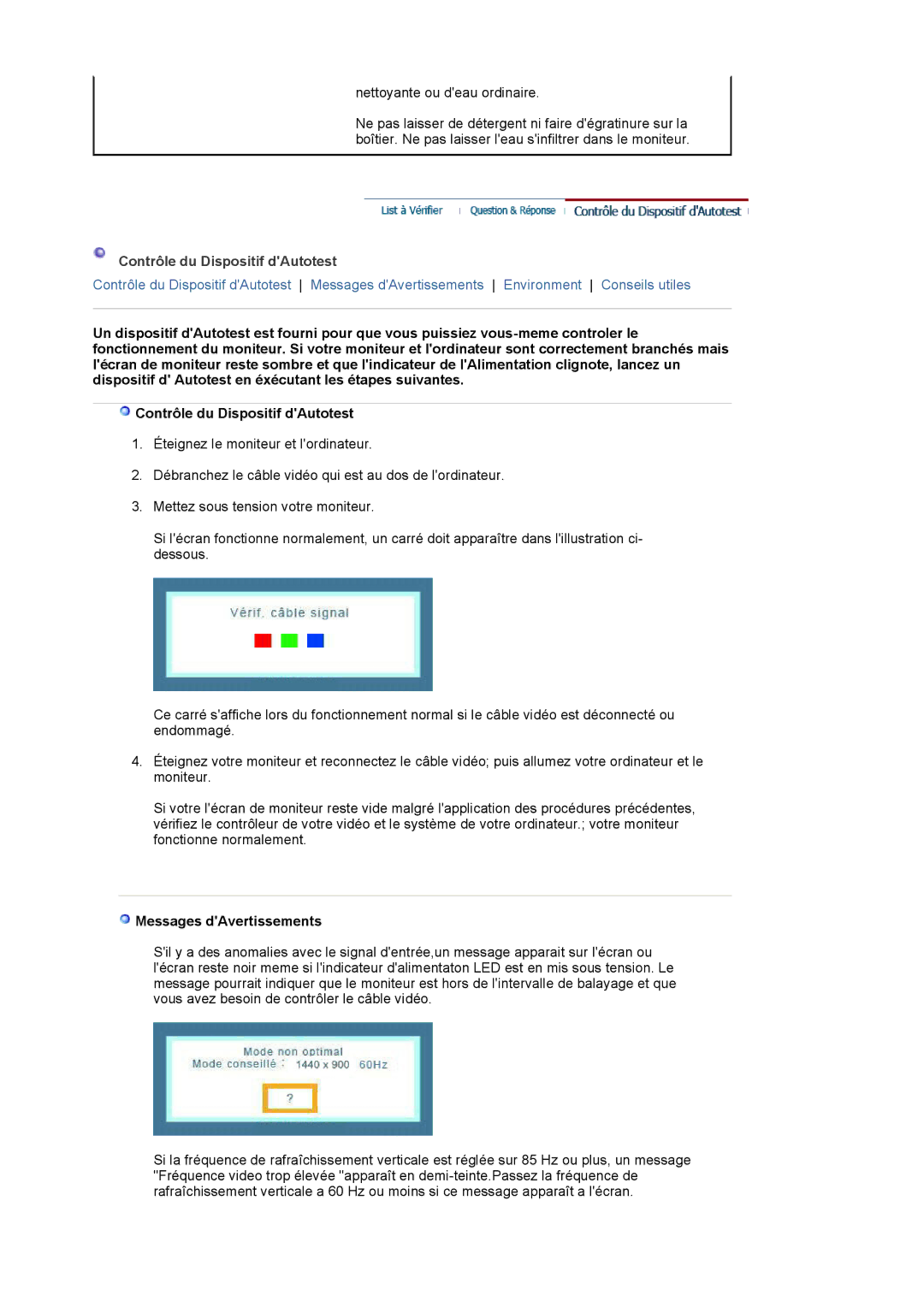 Samsung LS19WJNKS/EDC manual Contrôle du Dispositif dAutotest, Messages dAvertissements 