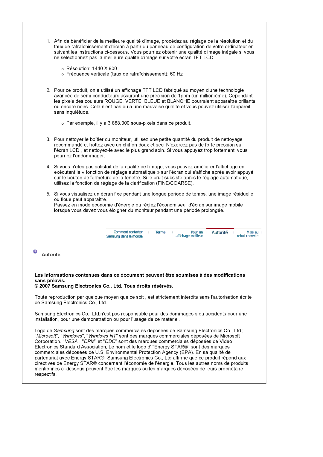 Samsung LS19WJNKS/EDC manual Autorité 