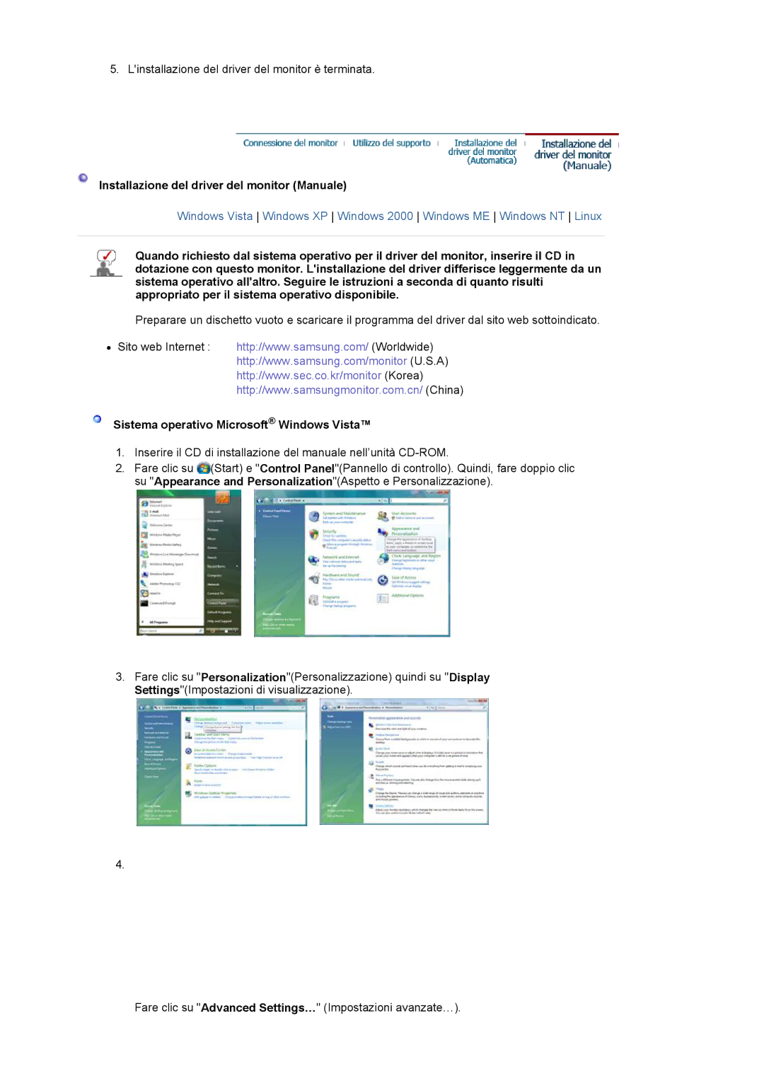 Samsung LS19WJNKS/EDC manual Installazione del driver del monitor Manuale, Sistema operativo Microsoft Windows Vista 