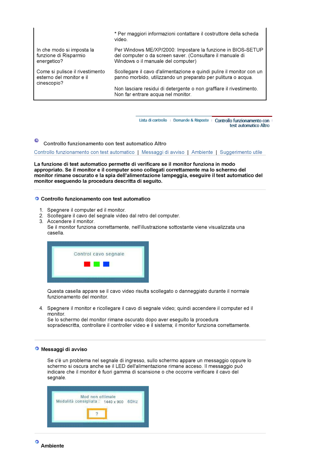 Samsung LS19WJNKS/EDC manual Controllo funzionamento con test automatico Altro, Messaggi di avviso, Ambiente 