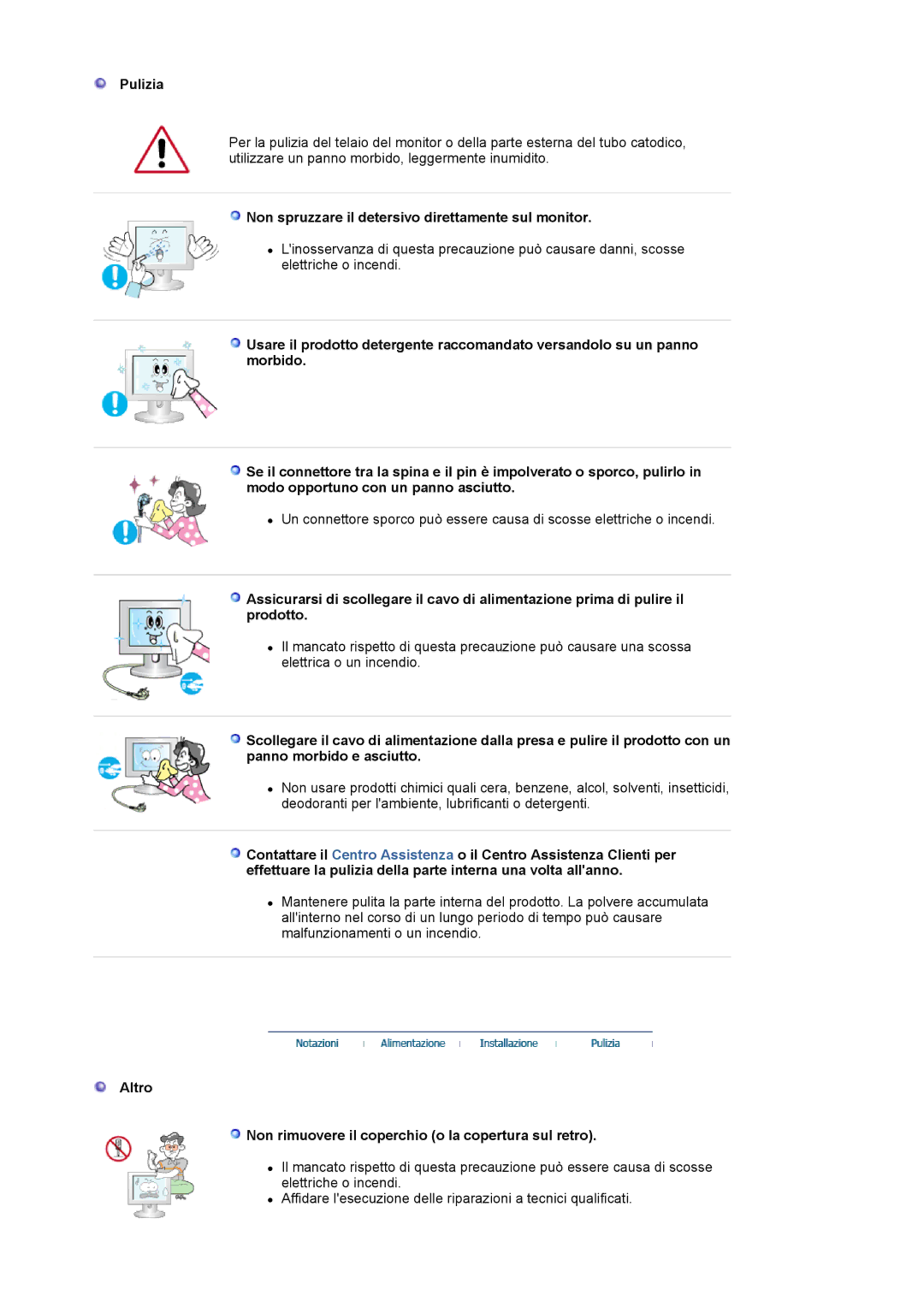 Samsung LS19WJNKS/EDC manual Pulizia, Non spruzzare il detersivo direttamente sul monitor 