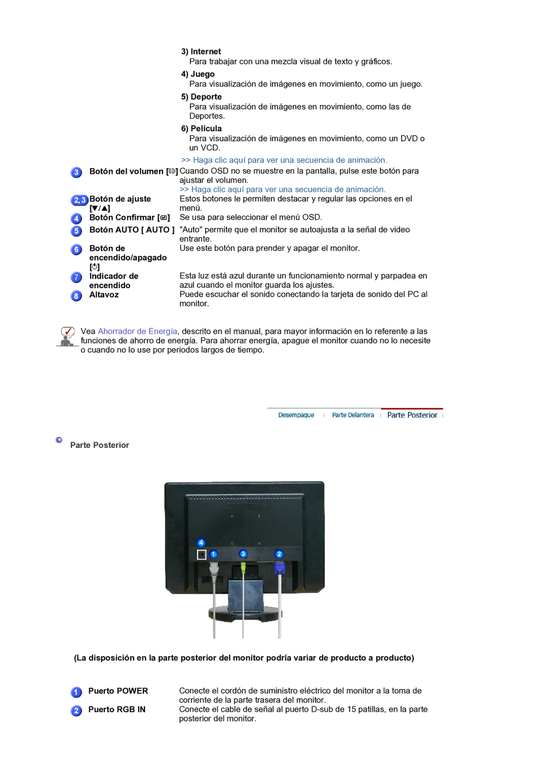 Samsung LS19WJNKS/EDC manual Parte Posterior 