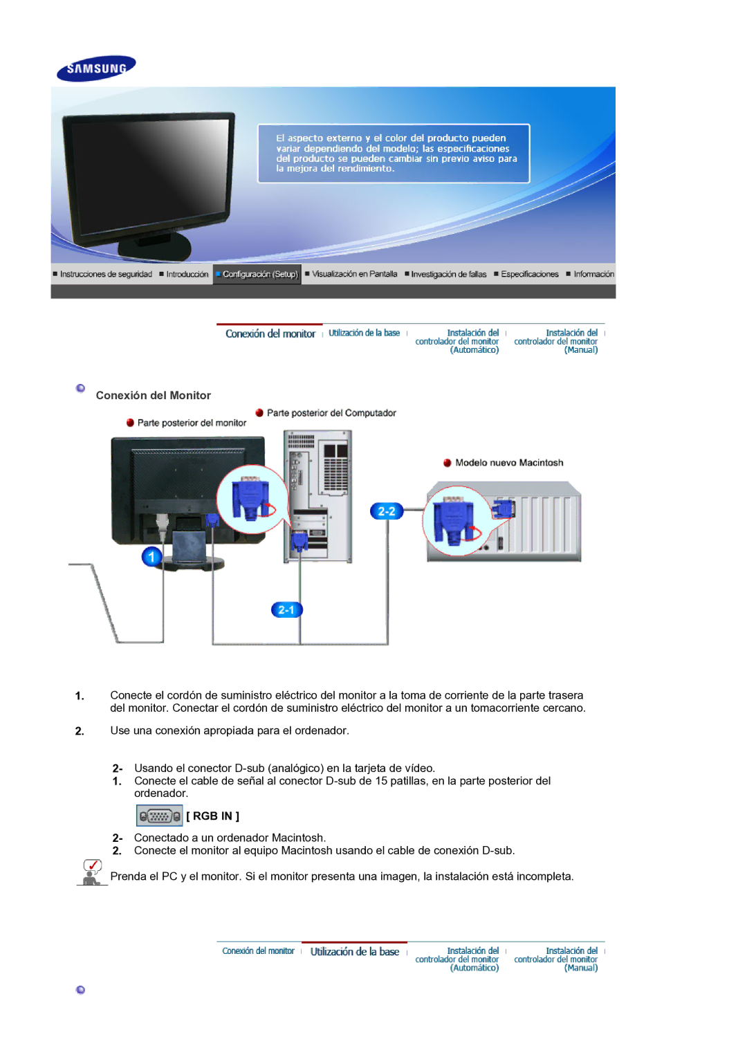 Samsung LS19WJNKS/EDC manual Conexión del Monitor, Rgb 