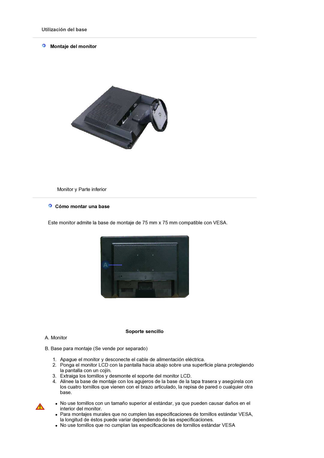 Samsung LS19WJNKS/EDC manual Utilización del base, Montaje del monitor, Cómo montar una base, Soporte sencillo 