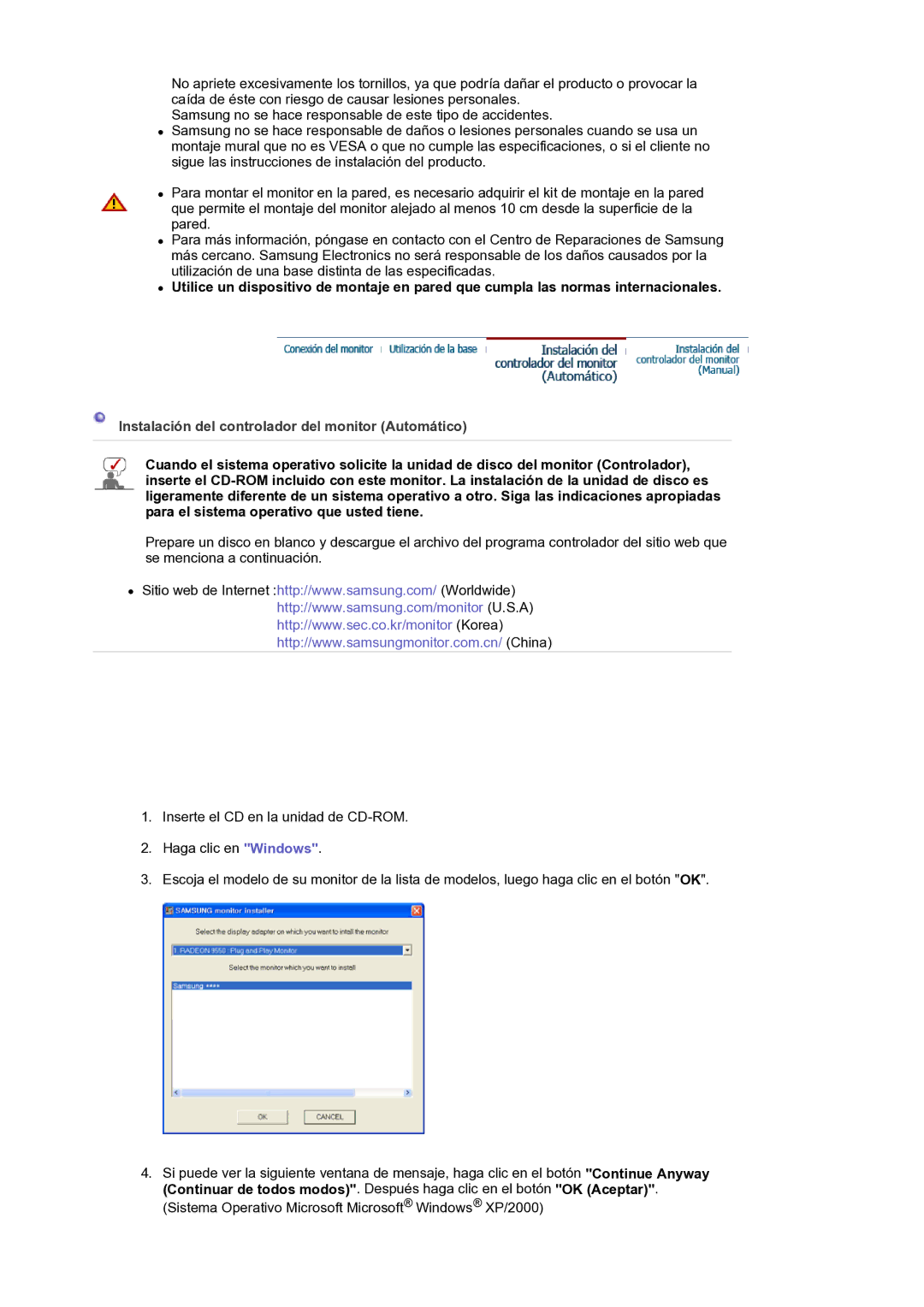 Samsung LS19WJNKS/EDC manual Instalación del controlador del monitor Automático 