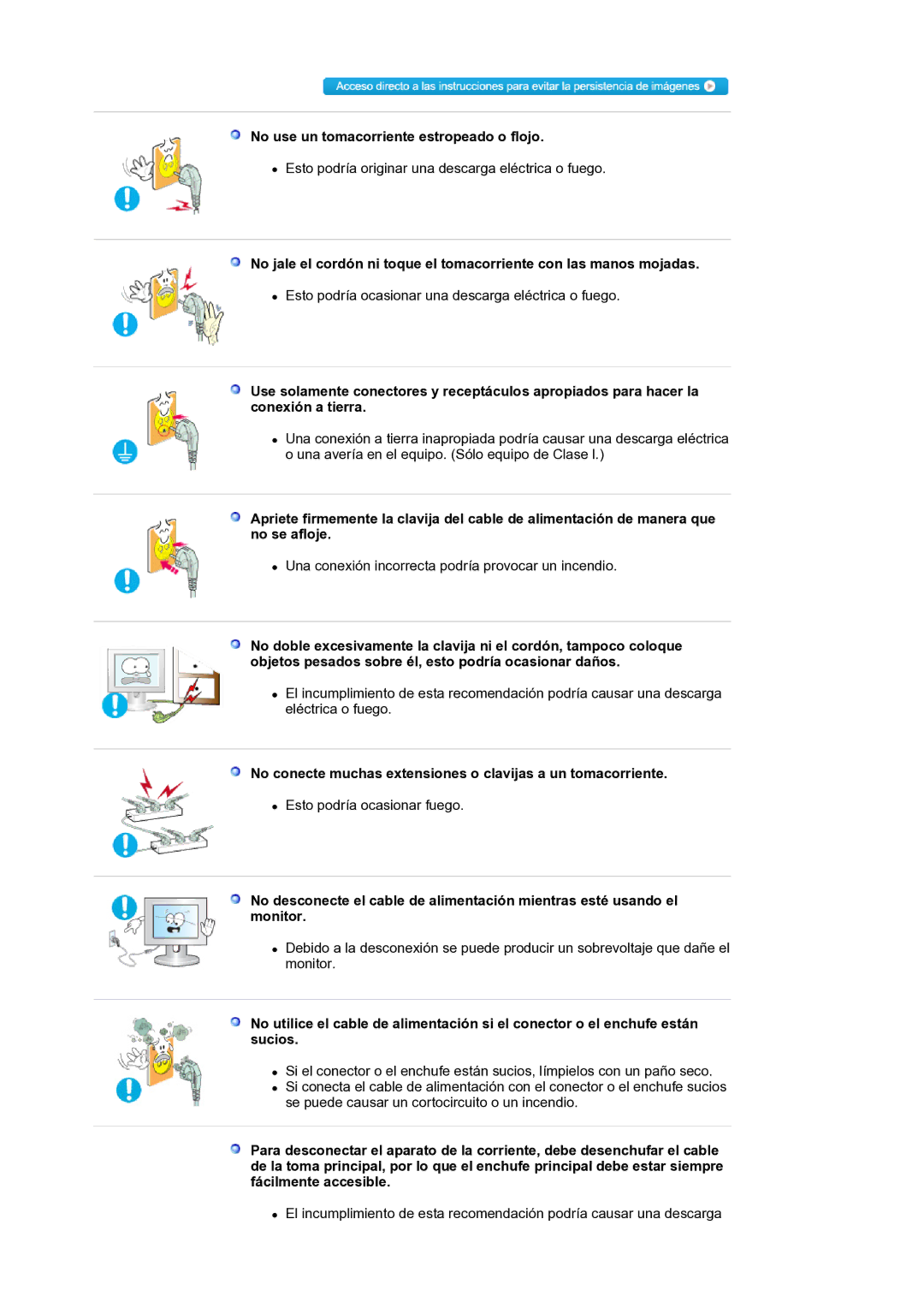 Samsung LS19WJNKS/EDC manual No use un tomacorriente estropeado o flojo 