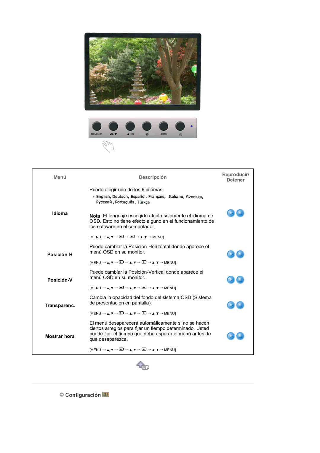 Samsung LS19WJNKS/EDC manual Configuración, Idioma Posición-H Posición-V Transparenc Mostrar hora 