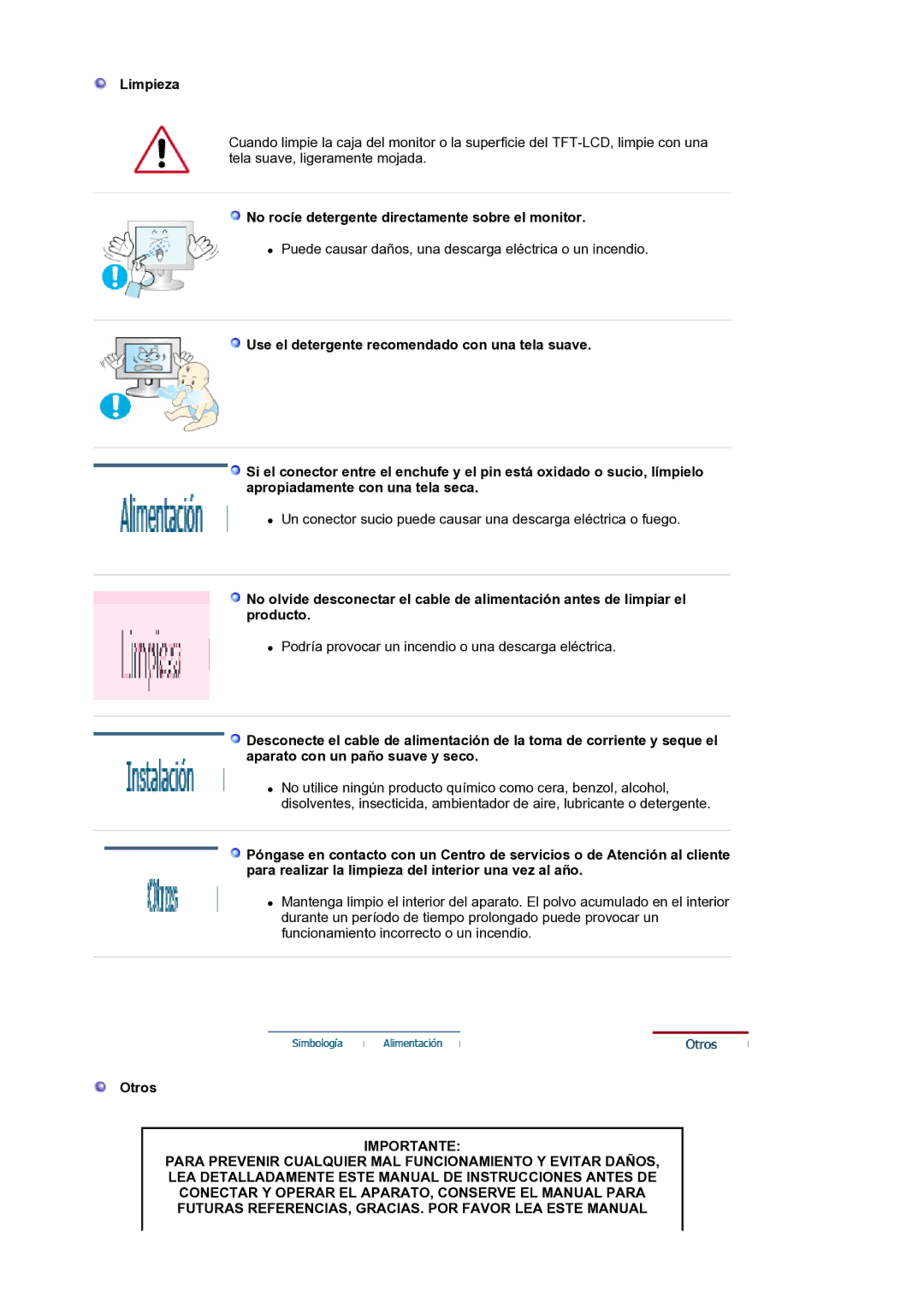 Samsung LS19WJNKS/EDC manual Limpieza, No rocíe detergente directamente sobre el monitor, Otros 