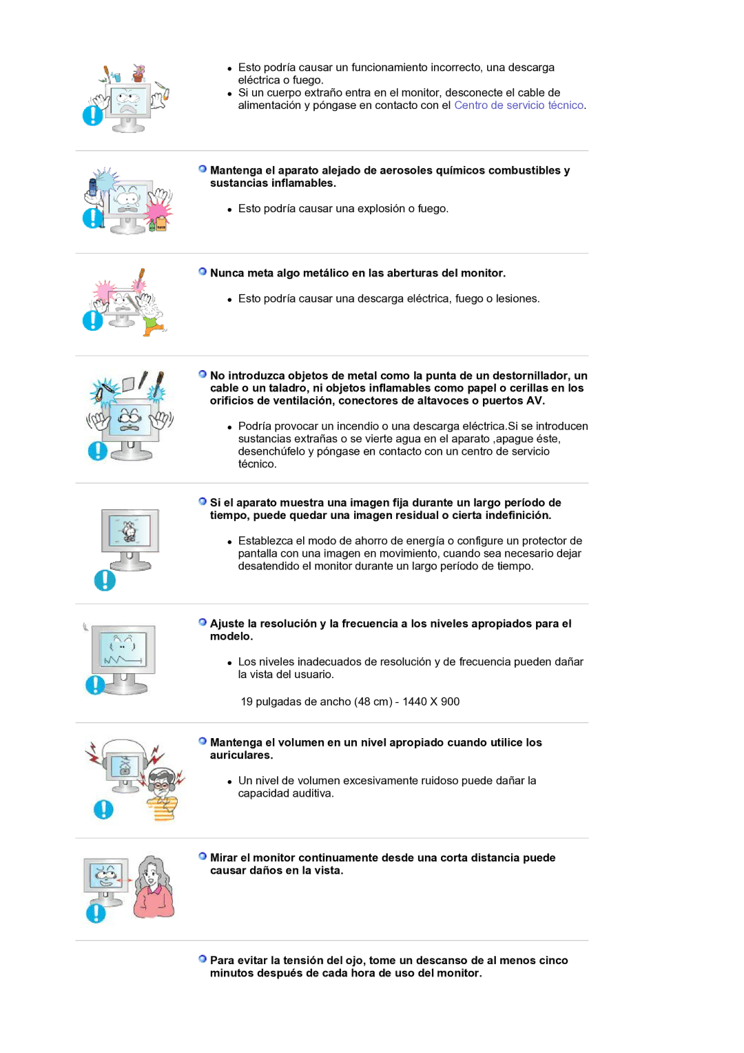 Samsung LS19WJNKS/EDC manual Nunca meta algo metálico en las aberturas del monitor 