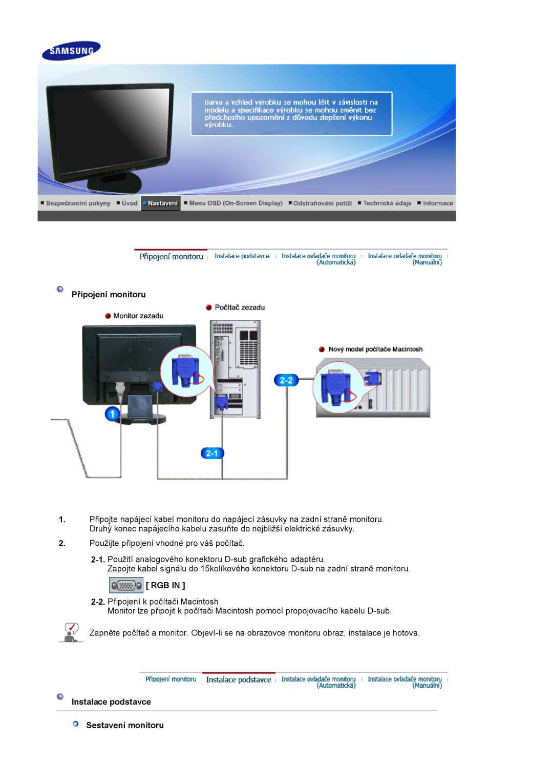 Samsung LS19WJNKS/EDC manual Připojení monitoru, Rgb, Instalace podstavce Sestavení monitoru 