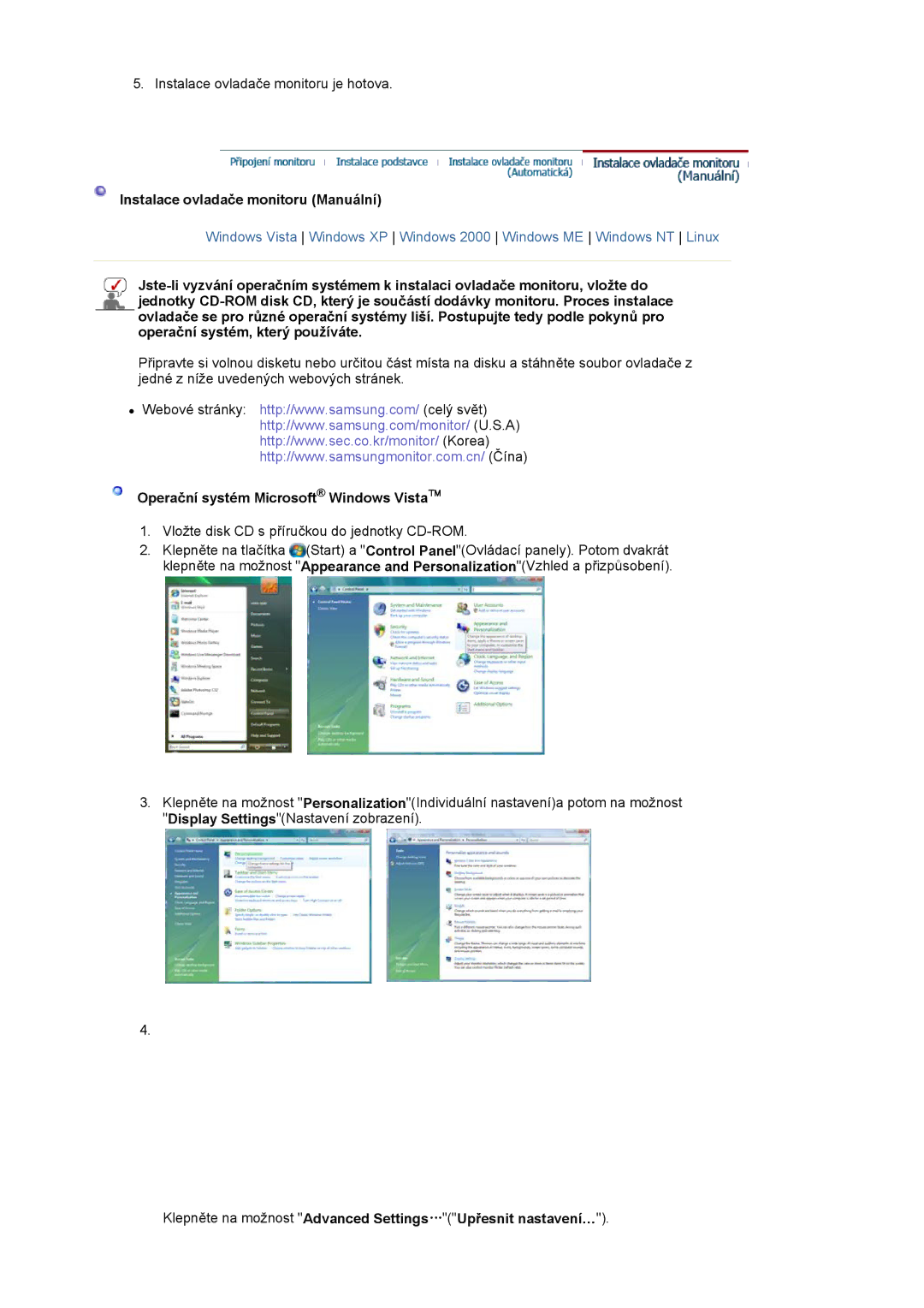 Samsung LS19WJNKS/EDC manual Instalace ovladače monitoru Manuální, Operační systém Microsoft Windows Vista 