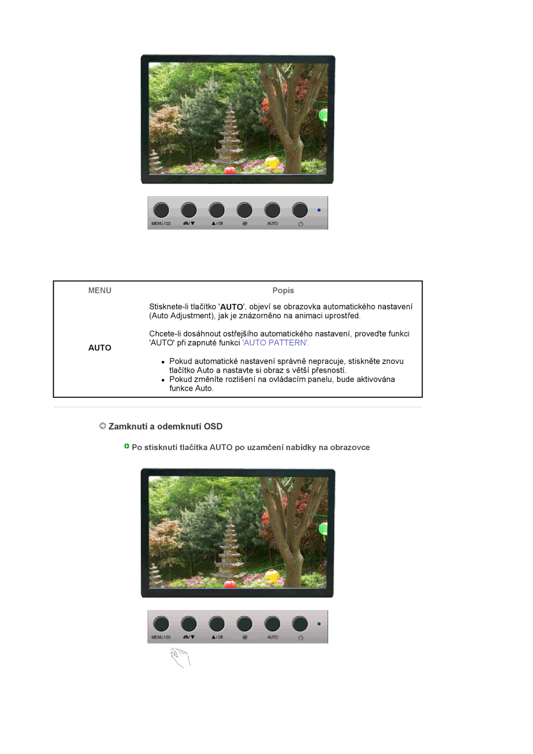 Samsung LS19WJNKS/EDC manual Zamknutí a odemknutí OSD, Popis 