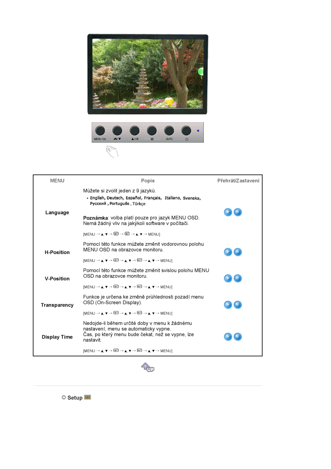 Samsung LS19WJNKS/EDC manual Setup, Language Position Transparency Display Time 