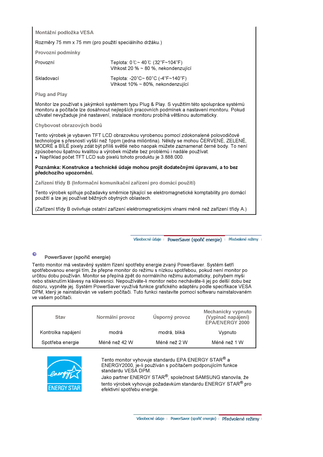 Samsung LS19WJNKS/EDC manual Montážní podložka Vesa, Provozní podmínky, Plug and Play, Chybovost obrazových bodů, Vypnuto 