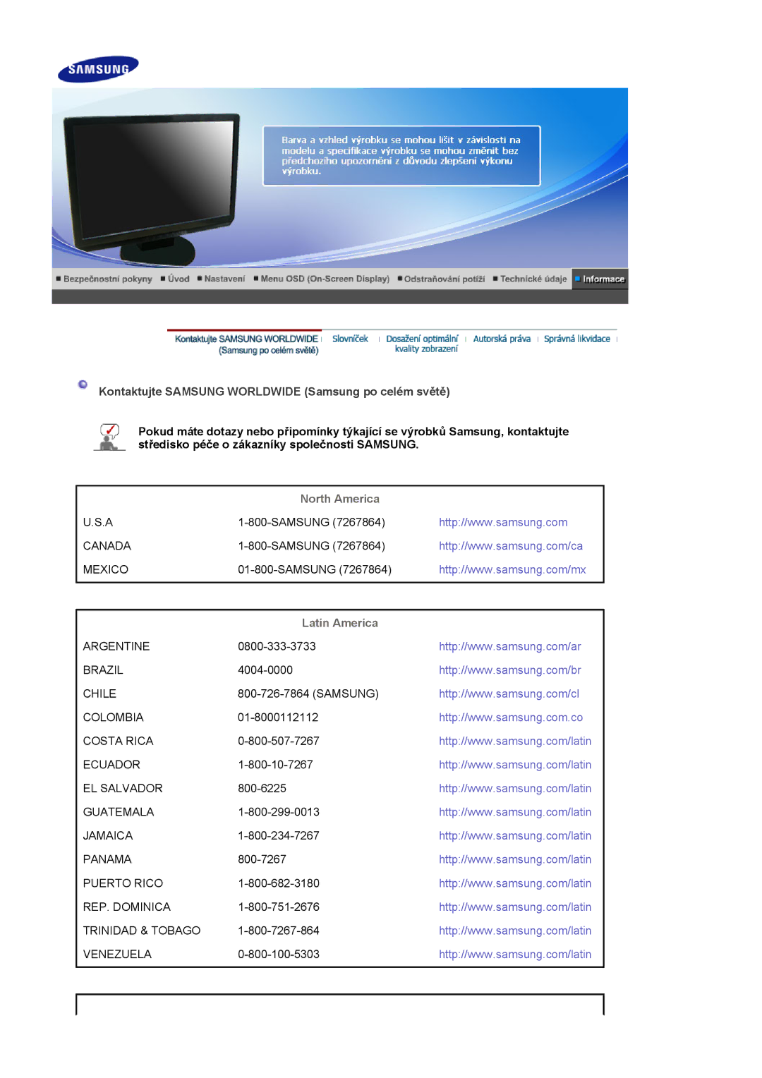 Samsung LS19WJNKS/EDC manual Kontaktujte Samsung Worldwide Samsung po celém světě, North America, Latin America 