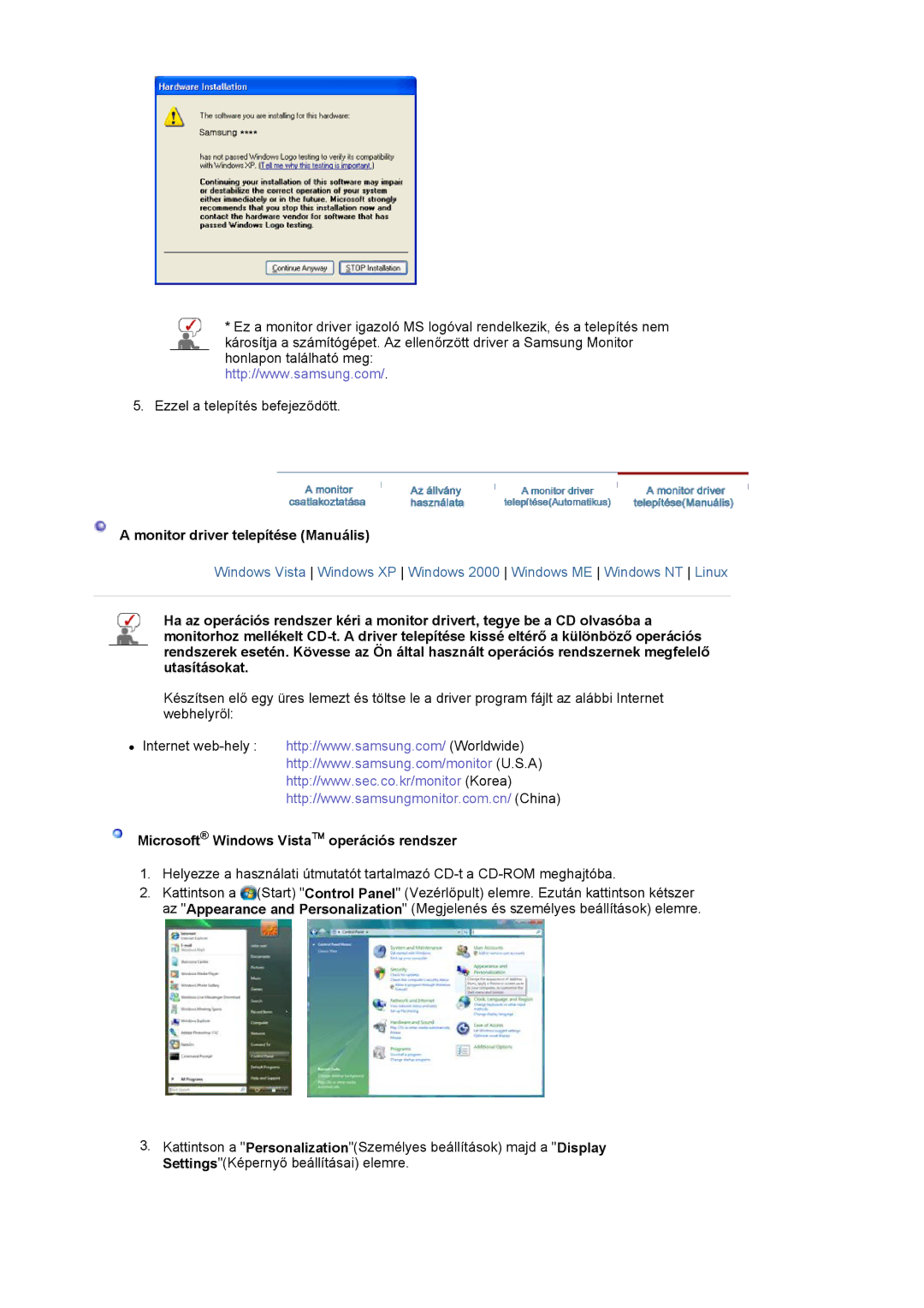 Samsung LS19WJNKS/EDC manual Monitor driver telepítése Manuális, Microsoft Windows Vista operációs rendszer 