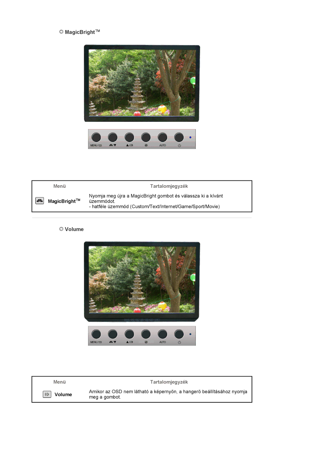 Samsung LS19WJNKS/EDC manual MagicBright, Menü Tartalomjegyzék Volume, Meg a gombot 