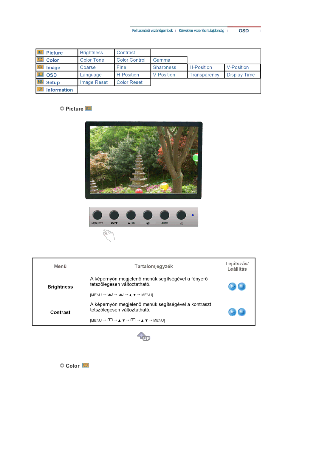 Samsung LS19WJNKS/EDC manual Picture, Color, Brightness Contrast, Lejátszás Leállítás 