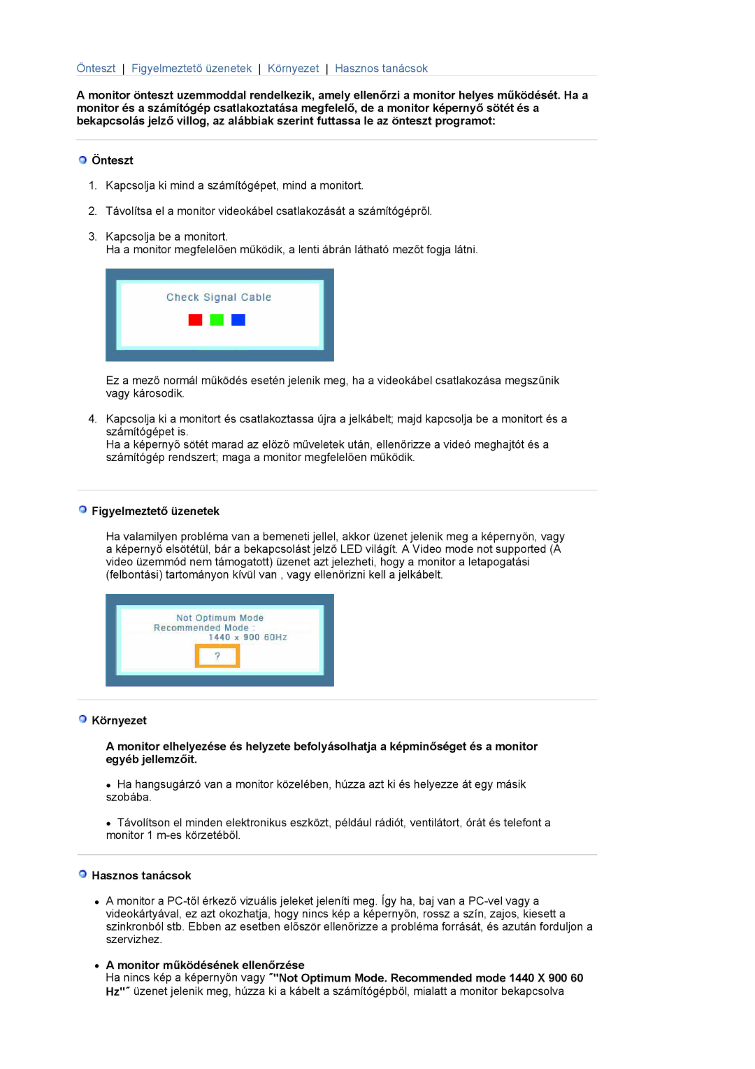 Samsung LS19WJNKS/EDC manual Figyelmeztető üzenetek, Hasznos tanácsok 