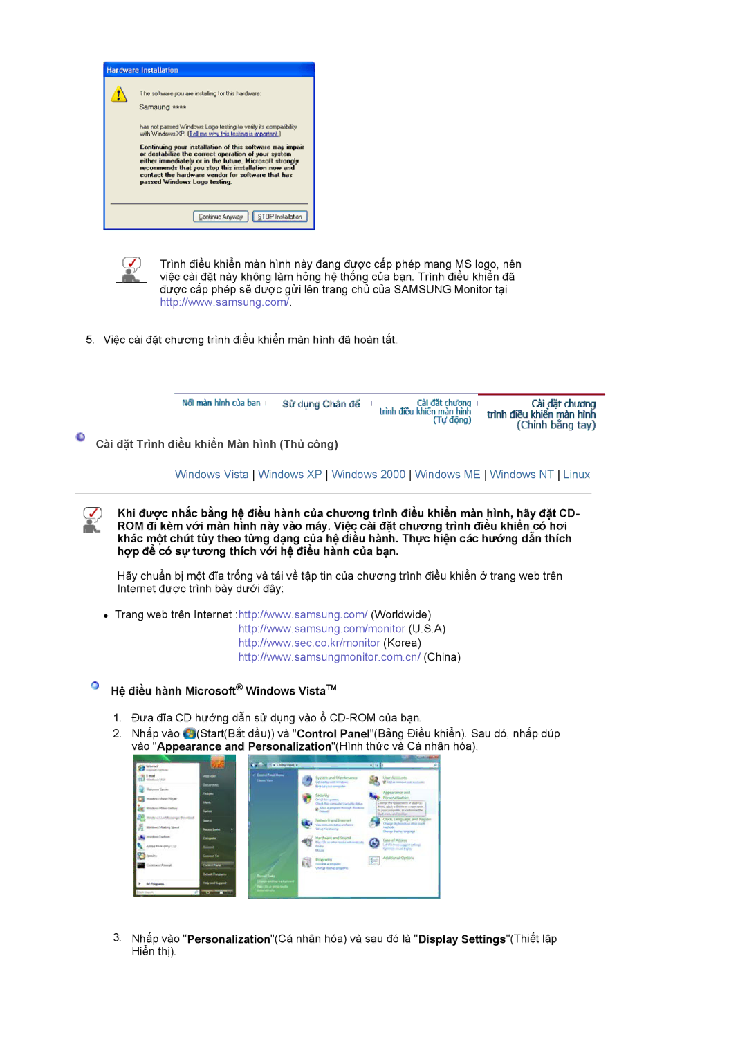 Samsung LS19WJWKBV/XSV manual Cài đặt Trình điều khiển Màn hình Thủ công, Hệ điều hành Microsoft Windows Vista 