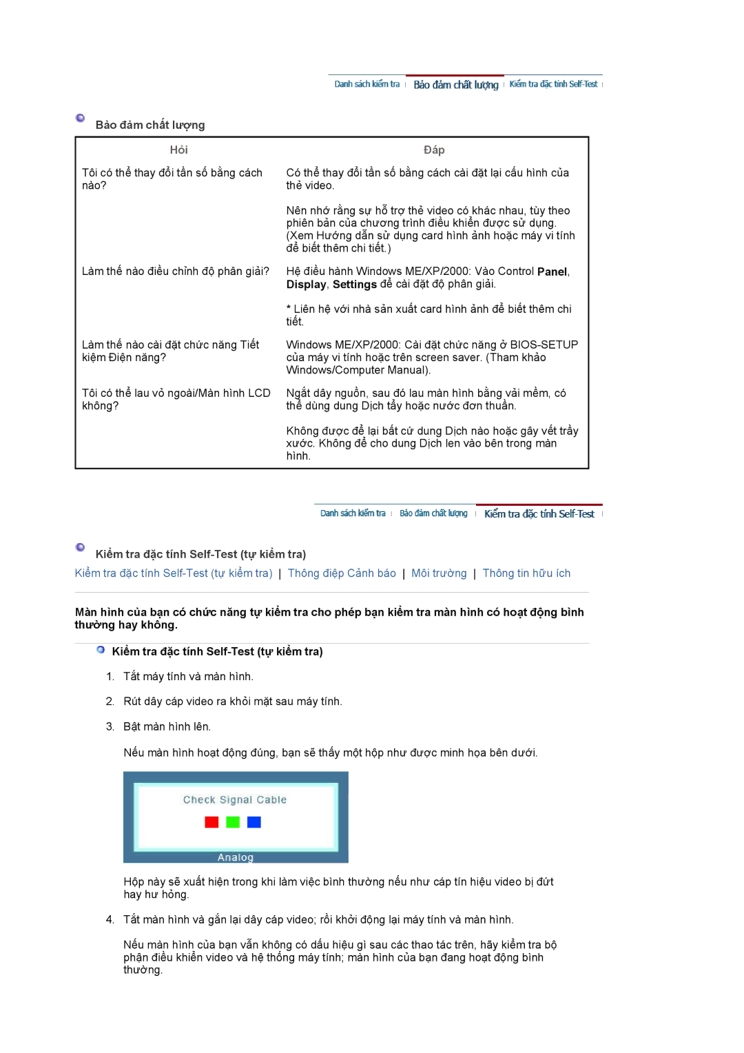 Samsung LS19WJWKBV/XSV manual Bảo đảm chất lượng, Hỏi, Kiểm tra đặc tính Self-Test tự kiểm tra 