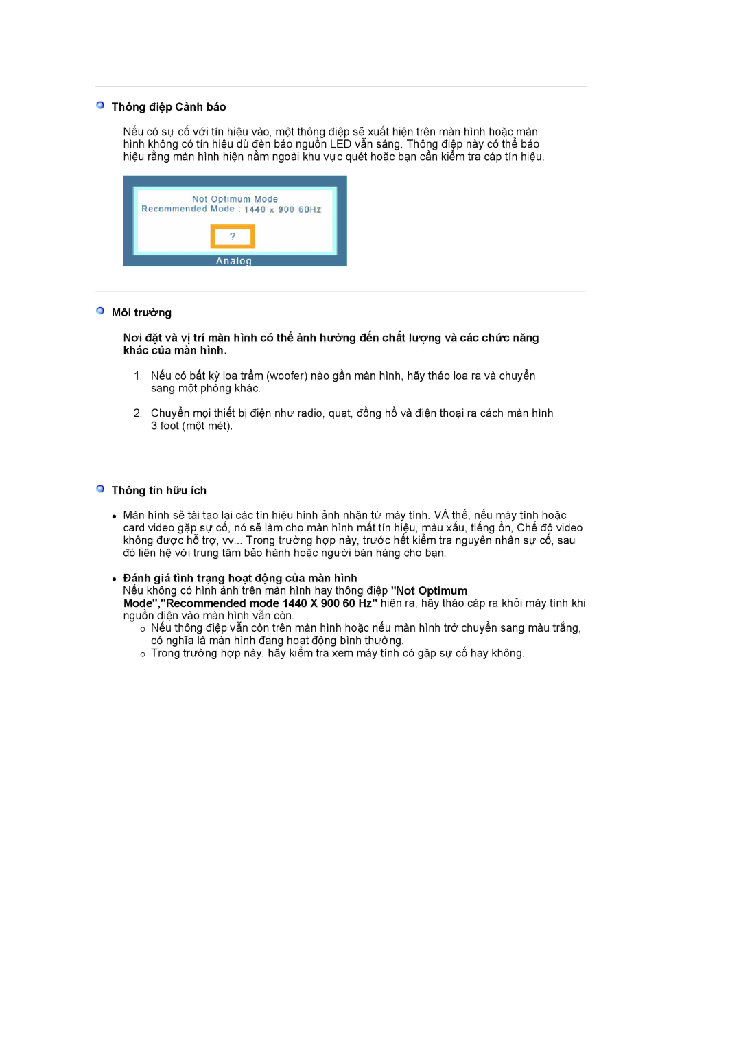 Samsung LS19WJWKBV/XSV manual Thông điệp Cảnh báo, Thông tin hữu ích, Đánh giá tình trạng hoạt động của màn hình 