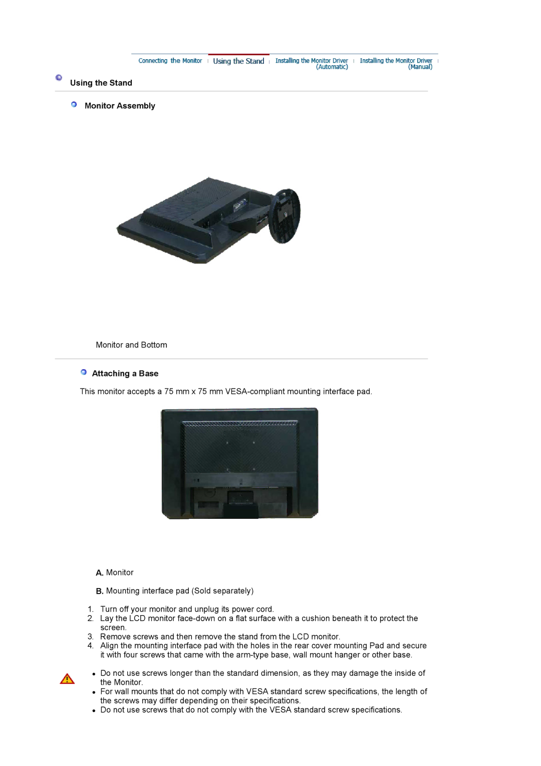 Samsung LS19WJWKBV/XSV manual Using the Stand Monitor Assembly, Attaching a Base 