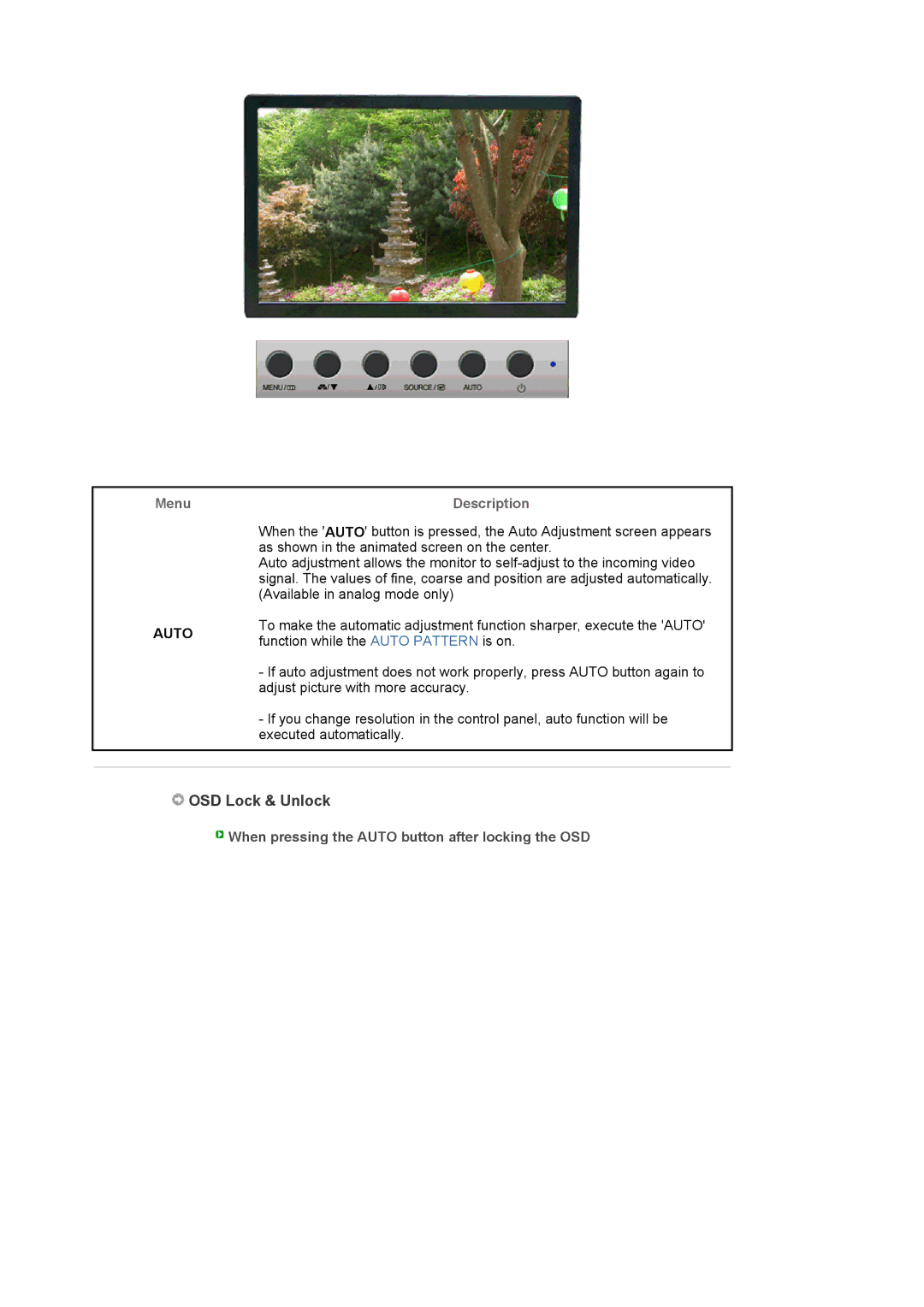 Samsung LS19WJWKBV/XSV manual OSD Lock & Unlock, Menu, Description 