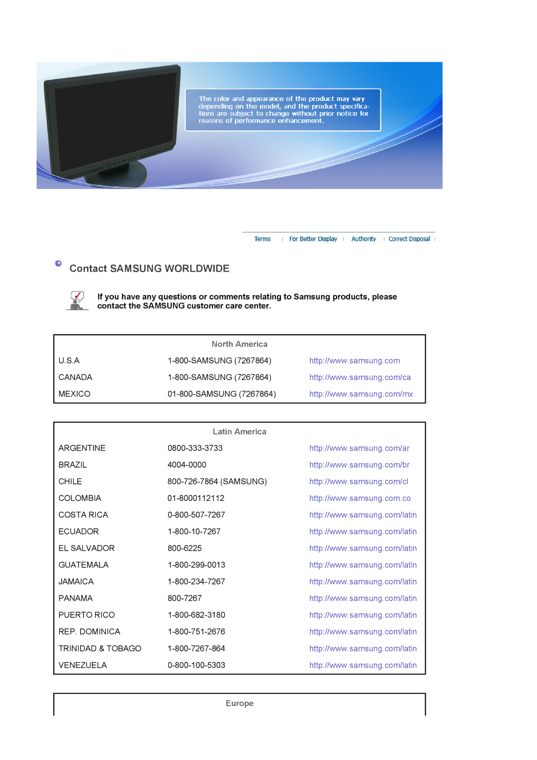 Samsung LS19WJWKBV/XSV manual Contact Samsung Worldwide, North America, Latin America, Europe 