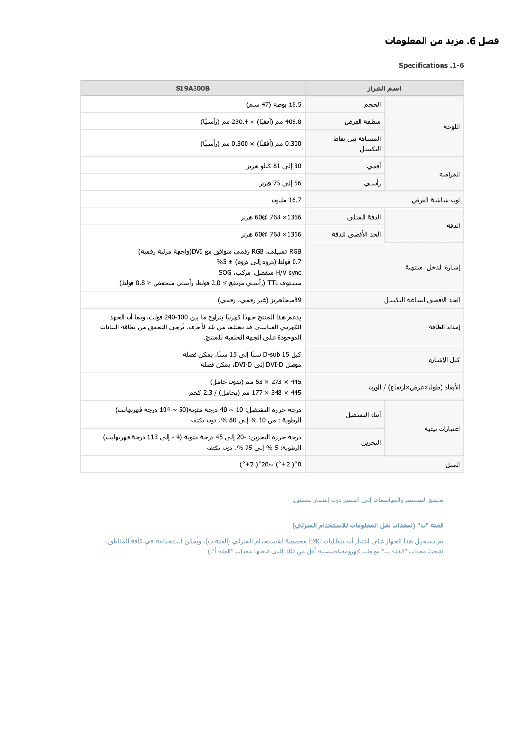 Samsung LS20A300BS/NG, LS20A300NS/EN, LS24A300BL/EN, LS20A300BS/ZN, LS19A300BS/NG manual Specifications, S19A300B زاﺮﻄﻟا ﻢﺳا 