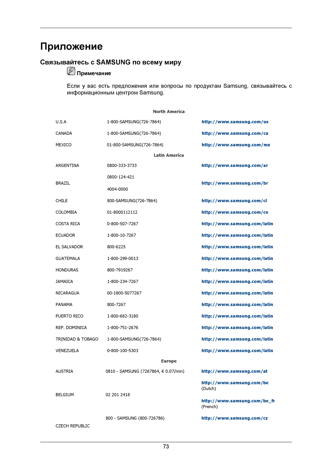 Samsung LS22AQWJFV/EDC, LS20AQWJFV/EDC, LS20AQWJF2/CI manual Приложение, Связывайтесь с Samsung по всему миру 