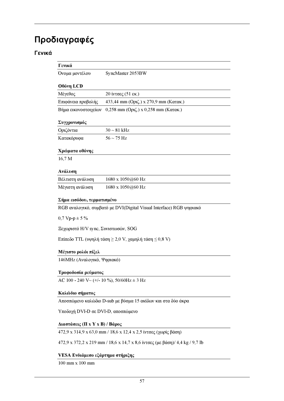 Samsung LS20AQWJFV/XBM, LS20AQWJFV/EDC, LS22AQWJFV/EDC manual Προδιαγραφές, Γενικά 