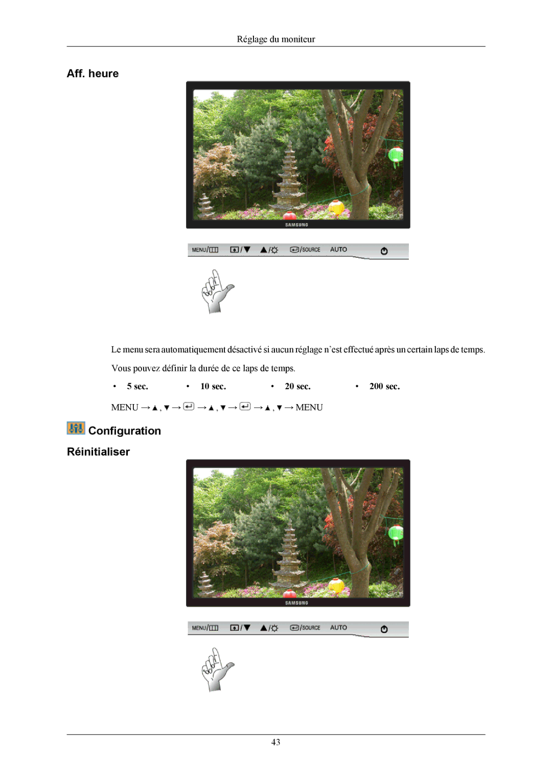 Samsung LS22AQWJFV/EDC, LS20AQWJFV/EDC manual Aff. heure, Configuration Réinitialiser, Sec 10 sec 20 sec 200 sec 