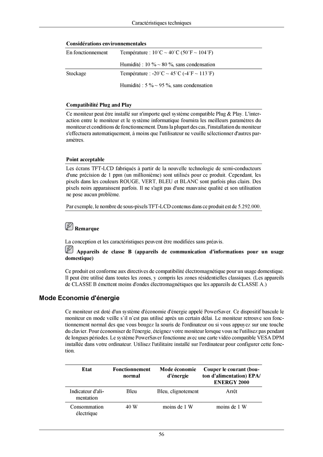 Samsung LS20AQWJFV/EDC manual Mode Economie dénergie, Considérations environnementales, Compatibilité Plug and Play 