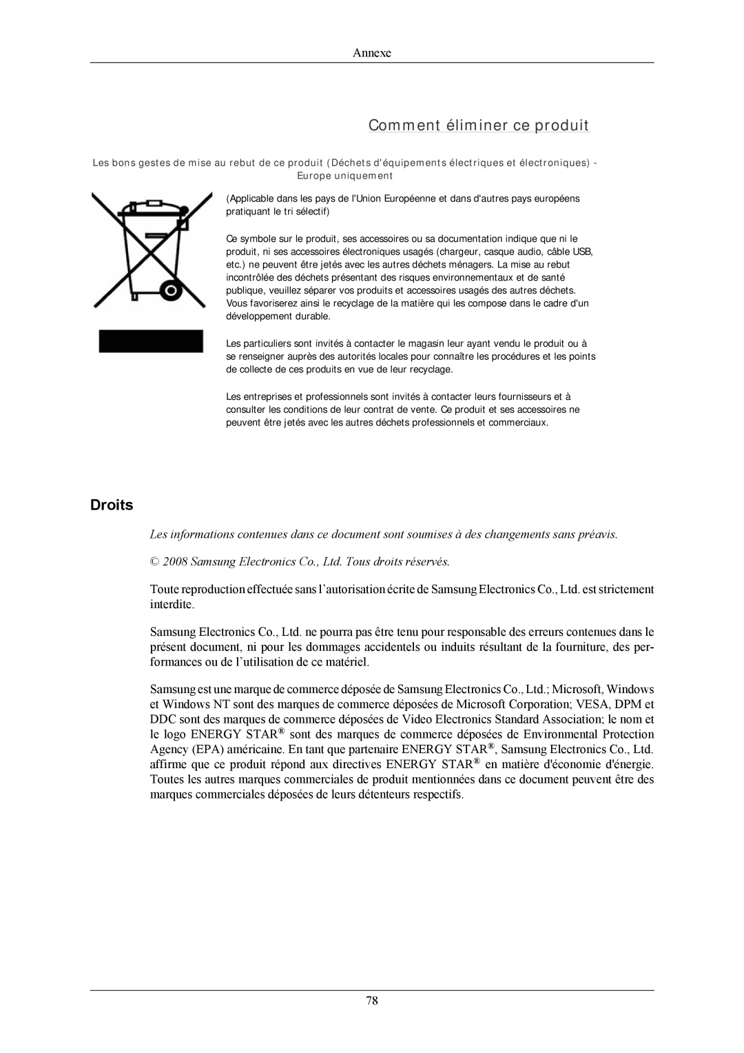 Samsung LS20AQWJFV/EDC, LS22AQWJFV/EDC manual Comment éliminer ce produit, Droits 