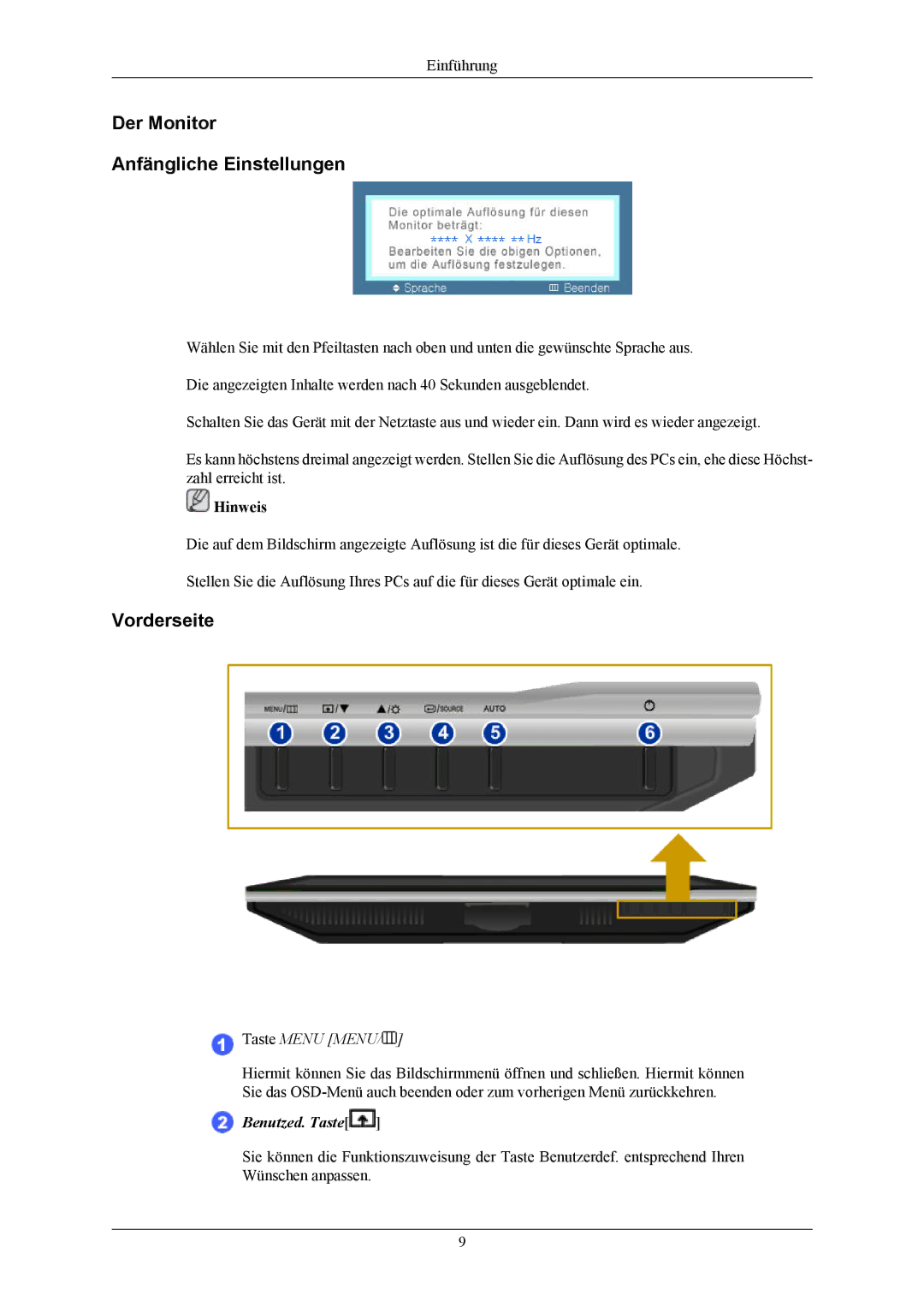 Samsung LS22AQWJFV/EDC, LS20AQWJFV/EDC manual Der Monitor Anfängliche Einstellungen, Vorderseite 