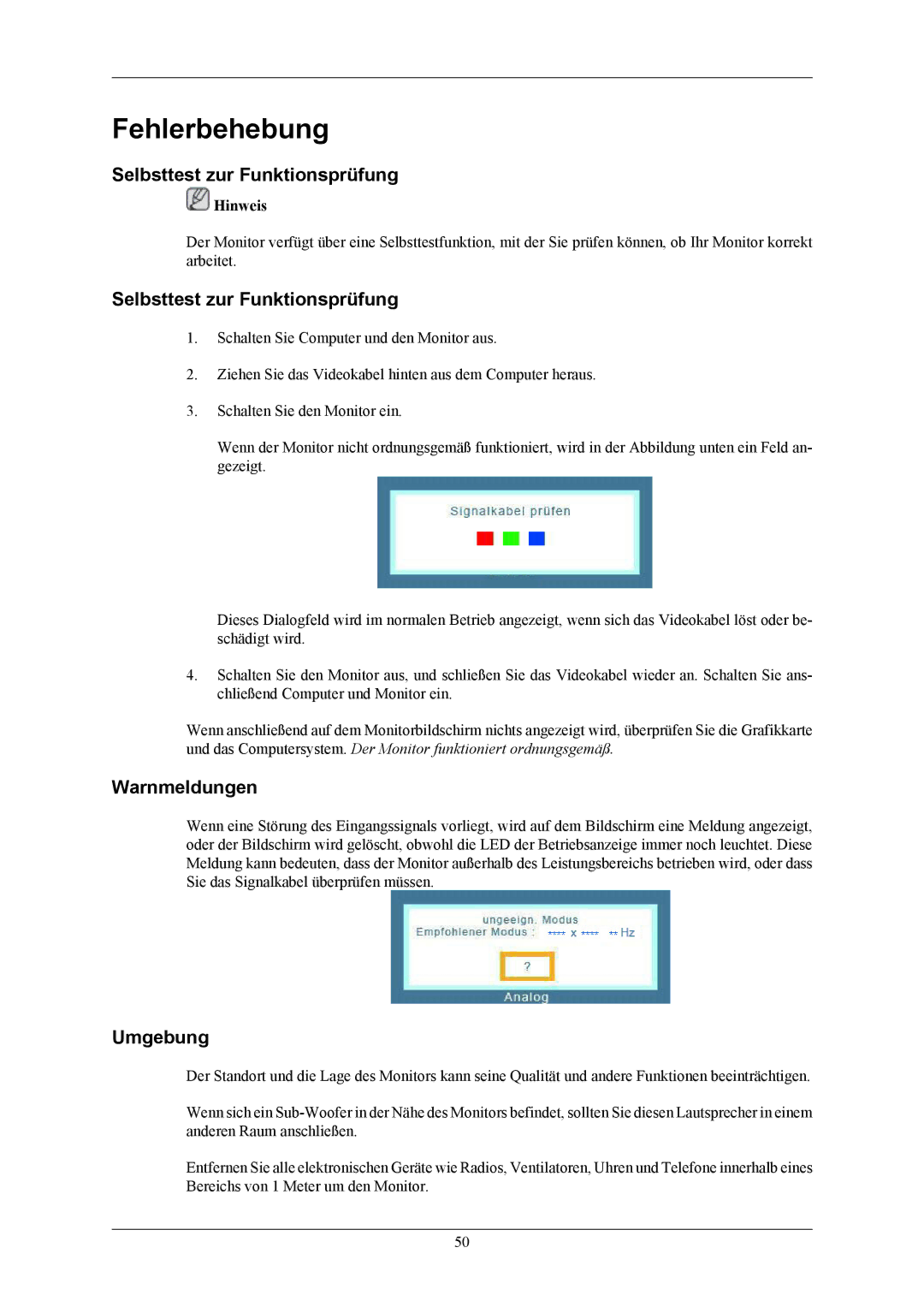 Samsung LS20AQWJFV/EDC, LS22AQWJFV/EDC manual Fehlerbehebung, Selbsttest zur Funktionsprüfung, Warnmeldungen, Umgebung 